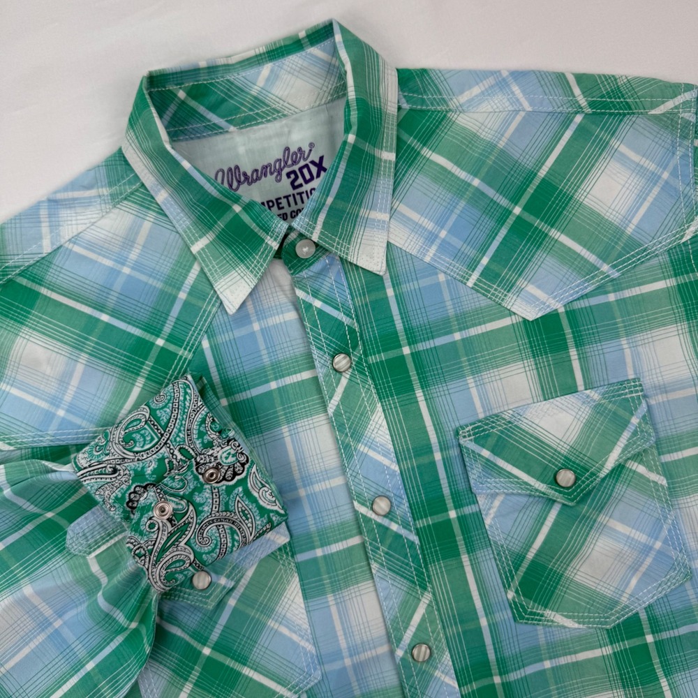 Wrangler 20X Competition Green Plaid Western Snap Shirt Mens M Paisley Cuff